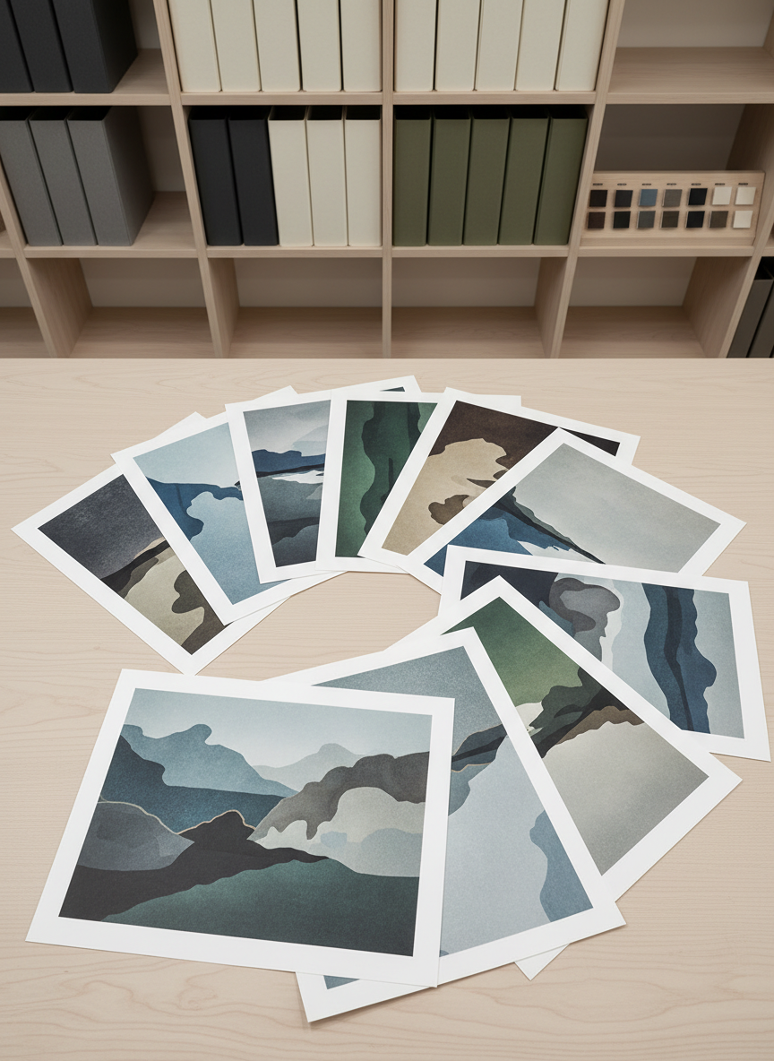 A neatly organized array of archival pigment prints on high-quality, cool white paper, each with crisp edges and subtle texture, fanned elegantly atop a smooth, pale ash wood desk. The setting is a minimalist office corner with custom shelving in the background housing neatly stacked portfolios and sample swatches in desaturated tones. Soft studio lighting from overhead enhances color clarity and casts gentle, uniform shadows, producing a tranquil, focused ambiance. The shot is taken from directly above, emphasizing structured layout and geometric order, with photographic realism and corporate minimalism enhanced for a professional art portfolio context.