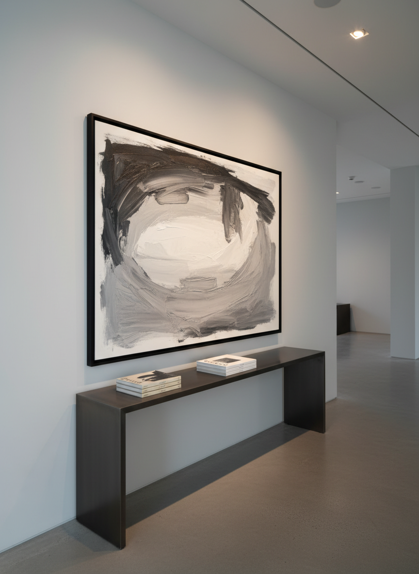 A single, large-format framed monochrome abstract artwork with tactile brush textures and subtle tonal gradients, elegantly displayed on an immaculate pale grey wall. Below, a streamlined metal console holds a curated selection of art catalogues in muted covers. The setting is a spacious, contemporary gallery-inspired room with clean lines, perfectly balanced by built-in recessed lighting that softly illuminates the artwork and highlights textural details without glare. The mood is sophisticated and quietly inspiring. Composition follows rule of thirds with the frame slightly off-center, featuring a sharp focus and a minimalist, photographic style reflecting a professional art presentation environment.