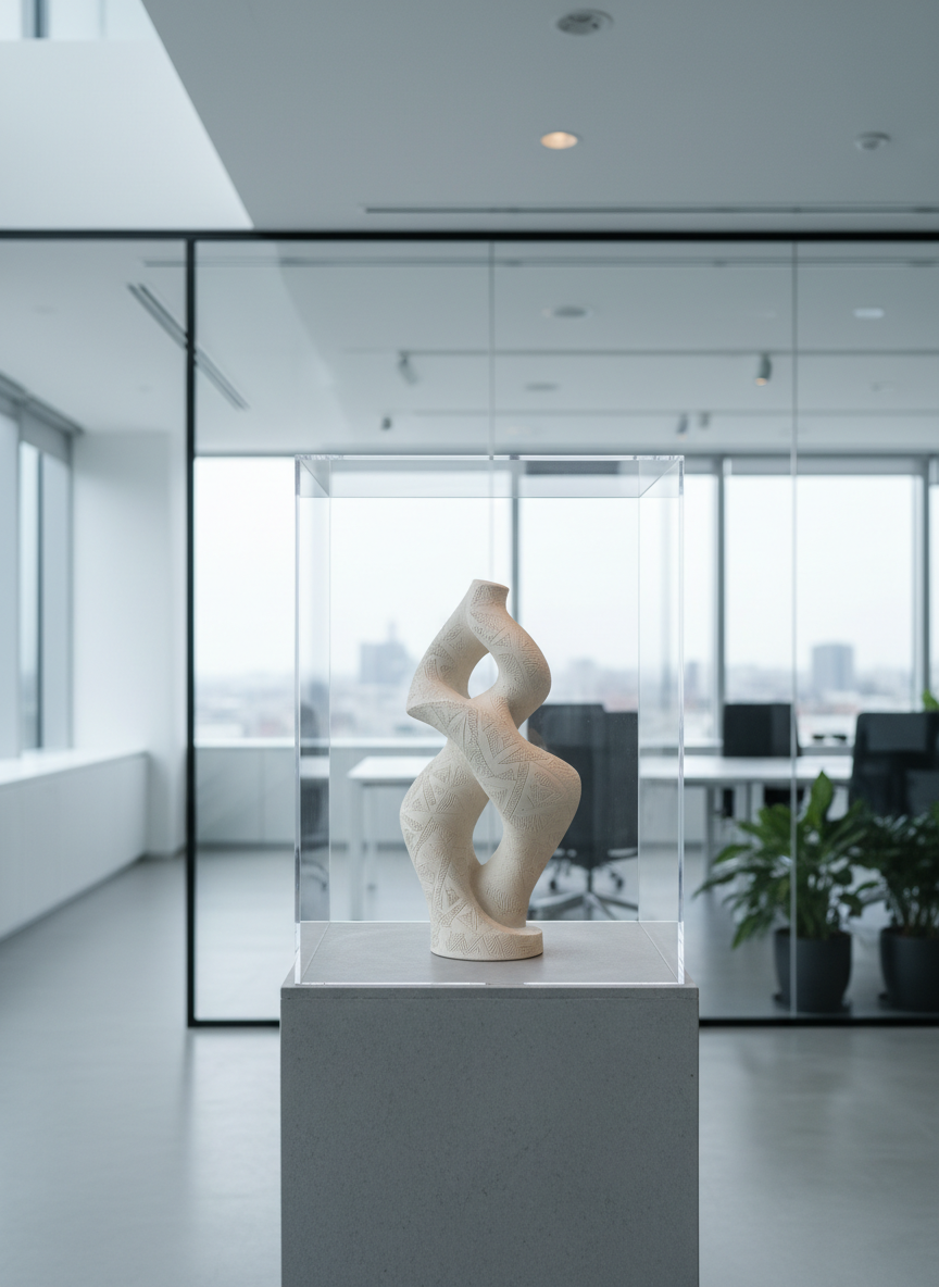 A precision-cut, transparent acrylic display case placed on a smooth stone plinth, housing a single finely crafted ceramic sculpture with a matte neutral glaze and subtle carved patterning. Situated within a modern, open workspace defined by clean architectural lines and a glass wall partitioning the background, the environment exudes contemporary professionalism. Cool, even daylight from a high window softly highlights the sculpture's form and finish, with barely-there shadows adding dimension. Captured at eye level with centered, symmetrical framing, the composition emphasizes clarity, simplicity, and attention to detail—aligned with photographic realism and the structured, clean style of a corporate art portfolio website.